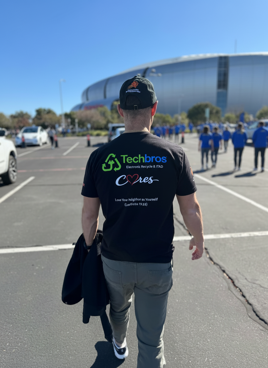 Techbros® Cares electronic recycling team walking toward State Farm Stadium for community service