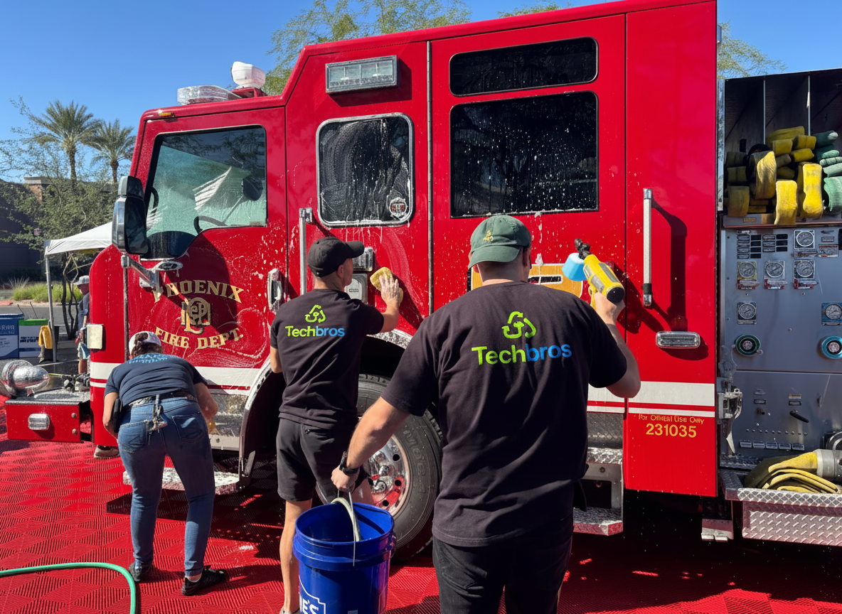 Techbros® electronic recycling team washing Phoenix Fire Department truck at charity event