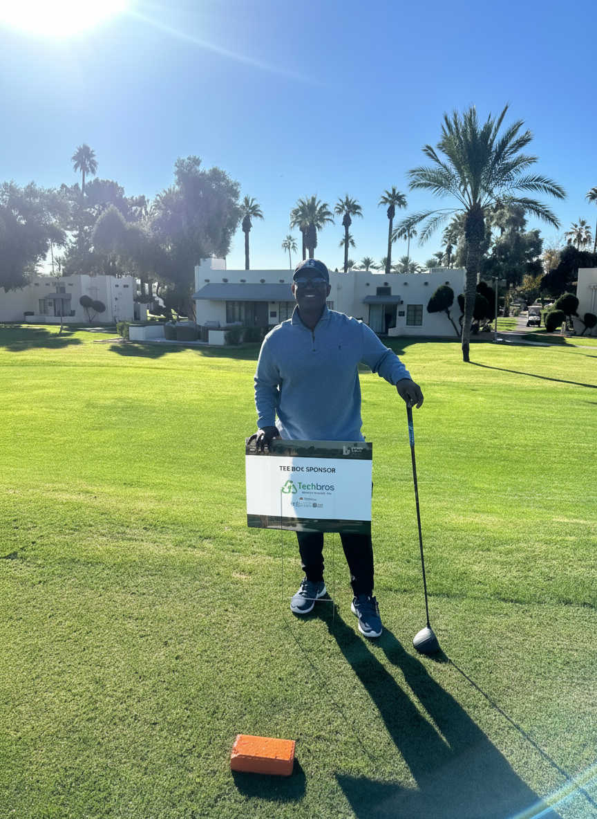 Techbros® secure data destruction sponsor at charity golf tournament tee box