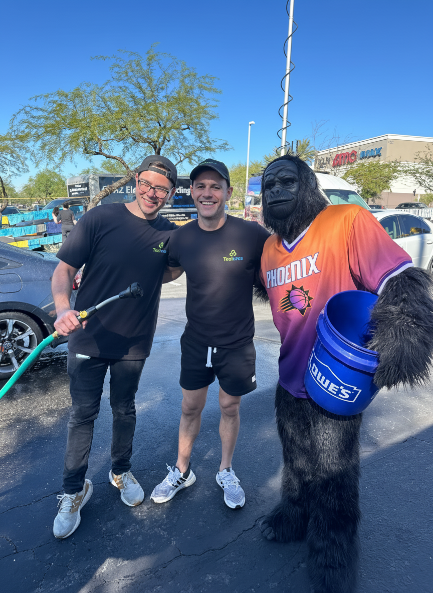 Techbros® electronics recycling team with Phoenix Suns Gorilla mascot at sustainability event